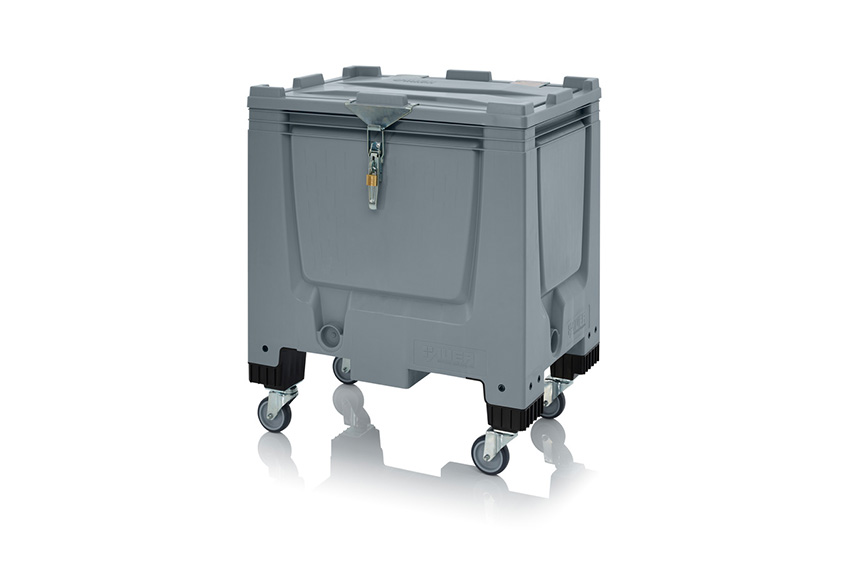 Pallet box 250l - 800x600x960mm - closed - 4 wheels, 2 with brake - hinged lid + lock 