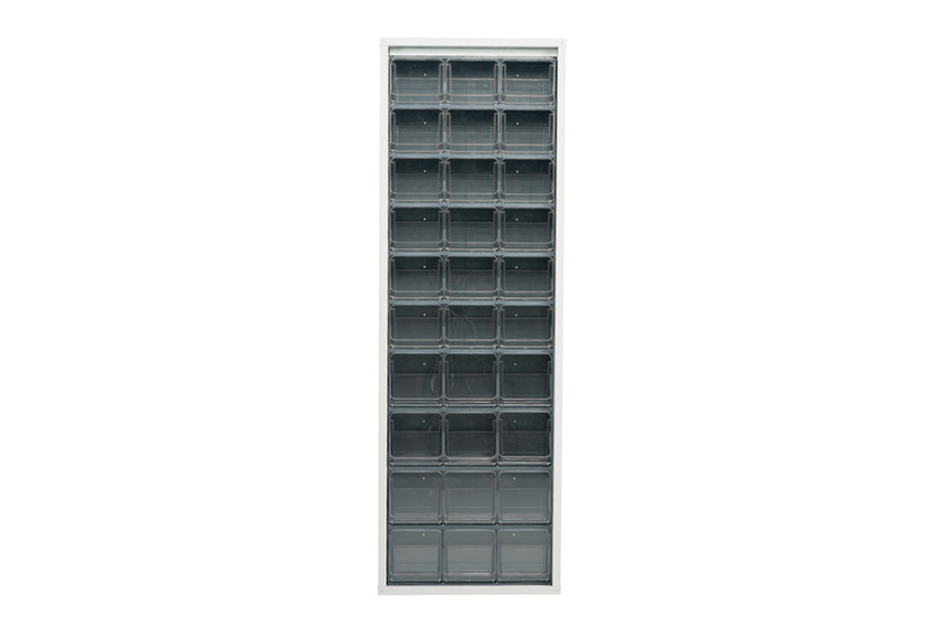 Metal wall cabinet incl. 30 pcs Crystal box tilt bins - 665x250x2000mm 