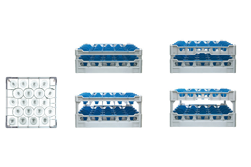 Glasss rack 20 compartments - 500x500x233mm - glass h:200mm - ø99mm 