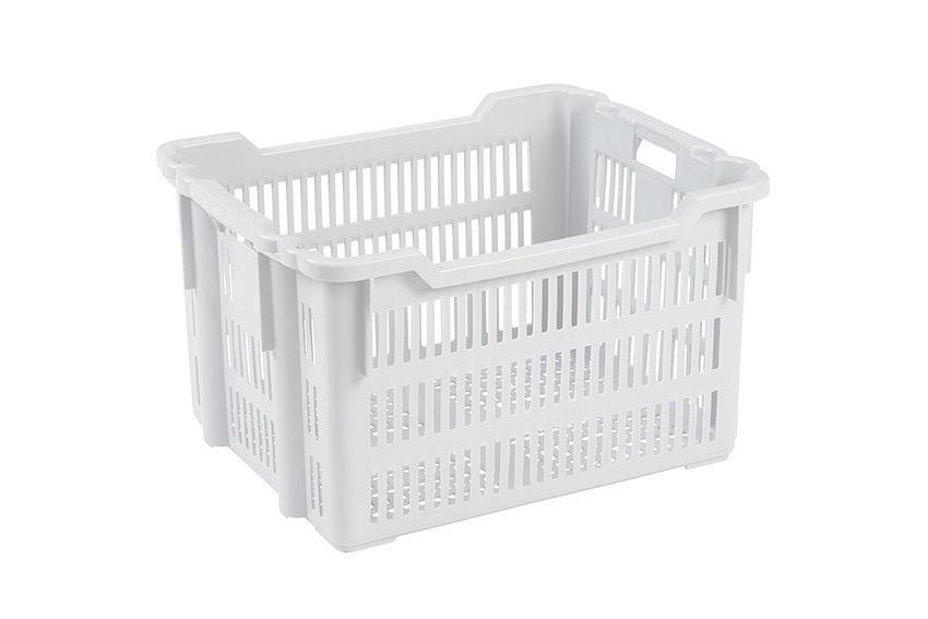 Nestable and stackable crate 75l - 625x500x360/325mm - perforated sides and bottom - 2 open handles 