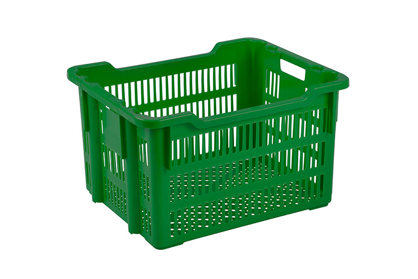 Nestable and stackable crate 75l - 625x500x360/325mm - perforated sides and bottom - 2 open handles 