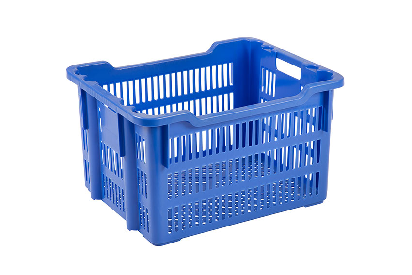 Nestable and stackable crate 75l - 625x500x360/325mm - perforated sides and bottom - 2 open handles 