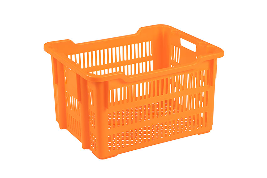 Nestable and stackable crate 75l - 625x500x360/325mm - perforated sides and bottom - 2 open handles 