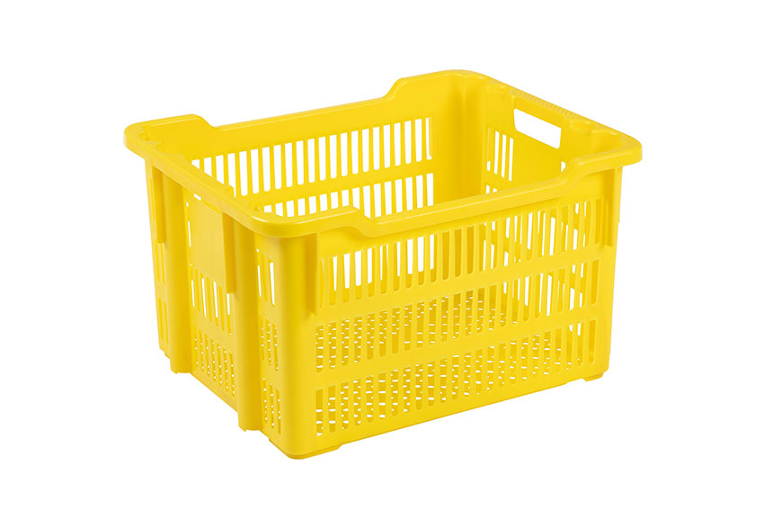 Nestable and stackable crate 75l - 625x500x360/325mm - perforated sides and bottom - 2 open handles 