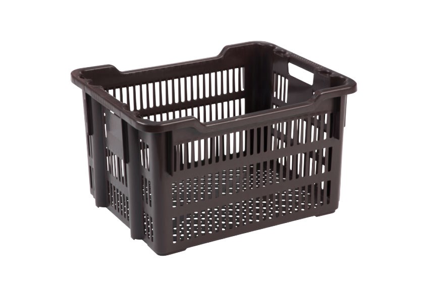 Nestable and stackable crate 75l - 625x500x360/325mm - perforated sides and bottom - 2 open handles 