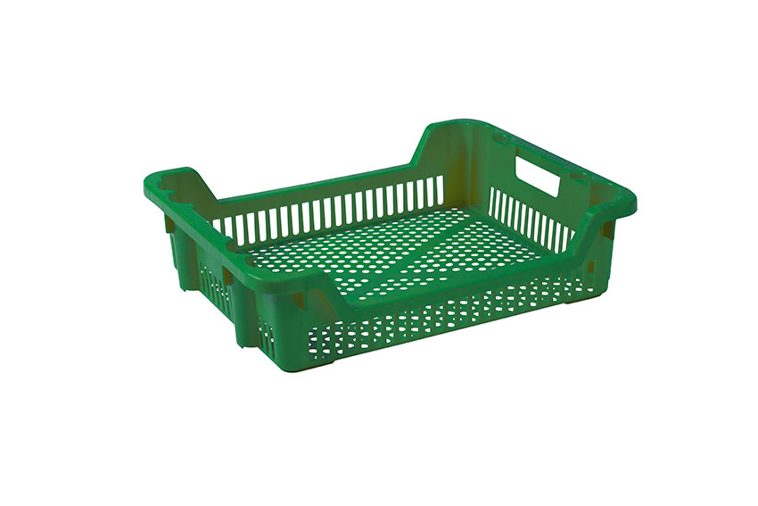 Nestable and stackable crate 33l - 625x500x165/85mm - perforated sides and bottom - 2 open handles 
