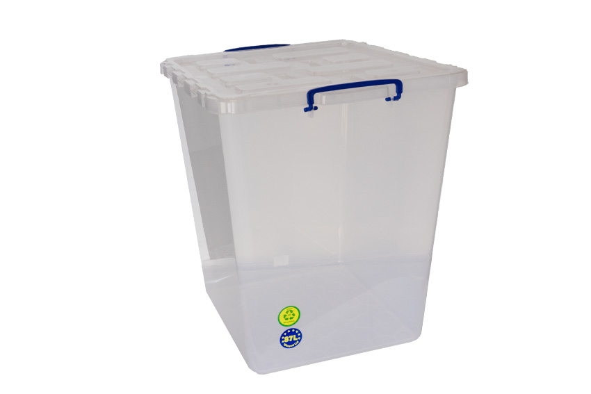 Transparent nestable reinforced box 87l stackable on winged lid - 510x455x548mm 