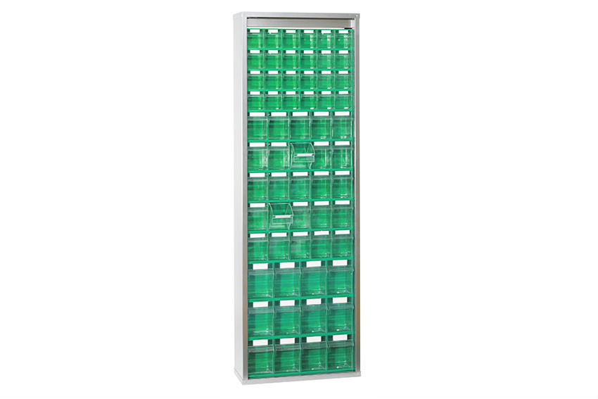 Metal wall cabinet incl. 61 pcs Storage 7000 tilt bins - 665x250x2000mm 