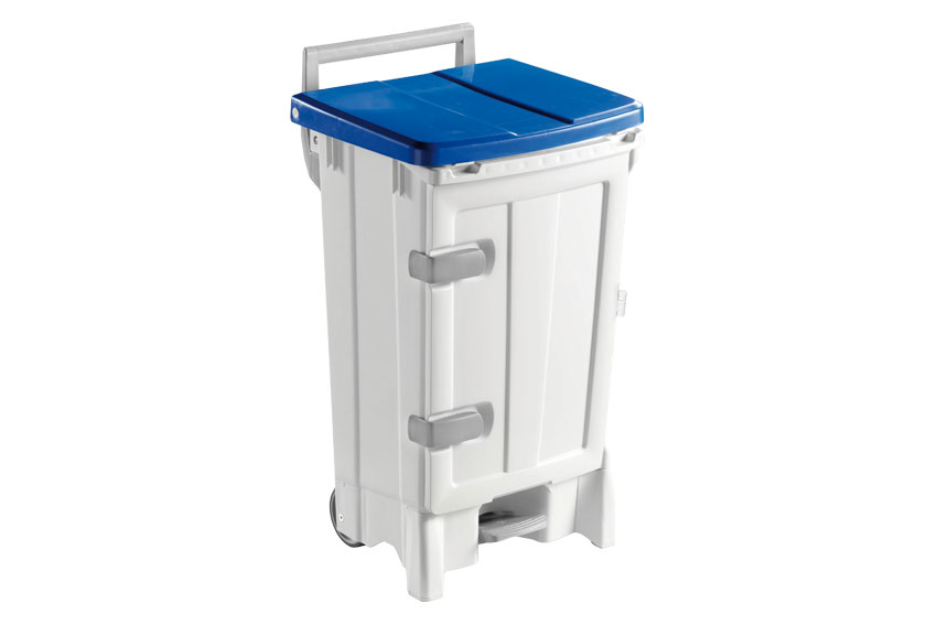 Waste container with pedal &amp; door - 90 l - on casters 